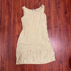 Vintage Floral Embroidered Sleeveless Linen Dress